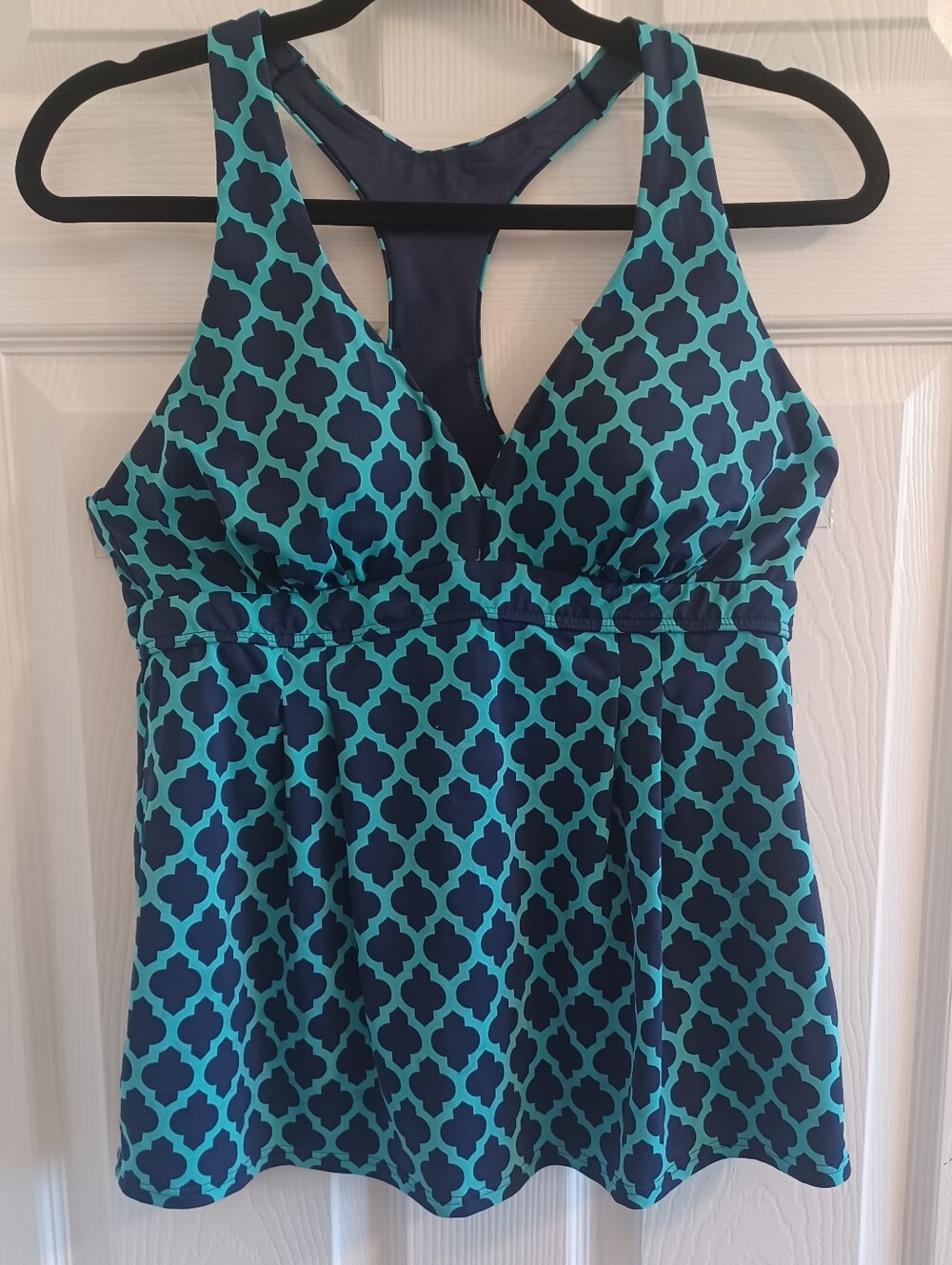 Land's End Teal & Navy Geometric Tankini Top Racerback Soft Molded Cups